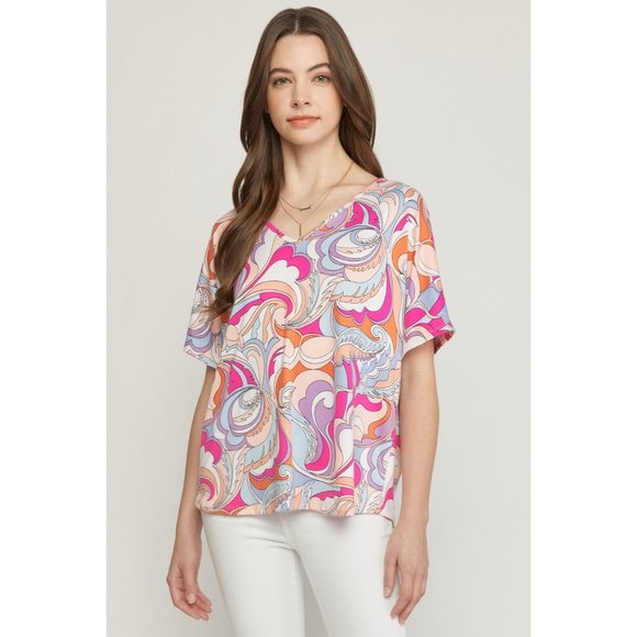 Entro Abstract V-Neck Top, Pink - Picture 1 of 7